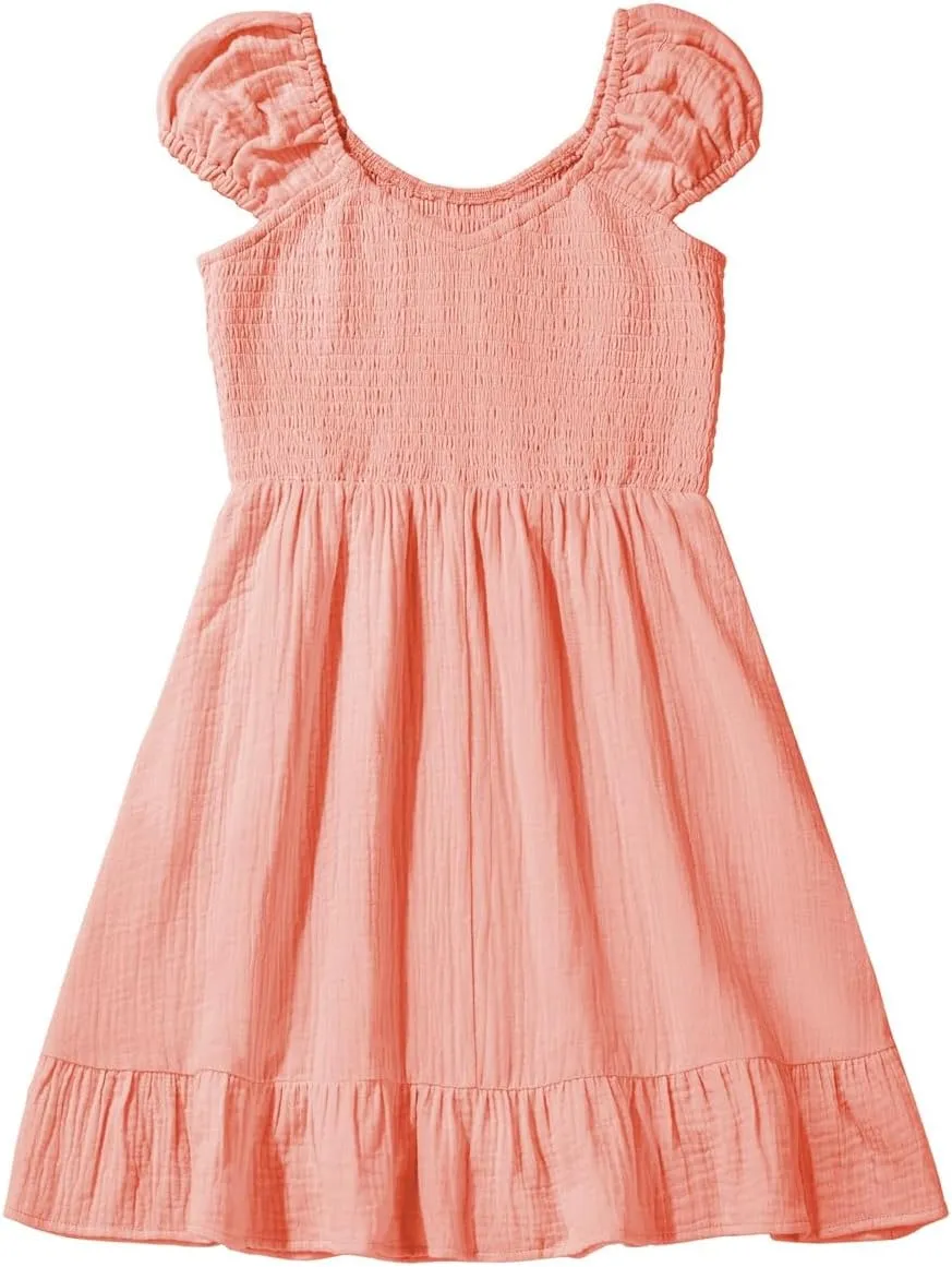 blibean Teen Girls Cotton Dress Smocked Sundress with Pocket 6-15 Years