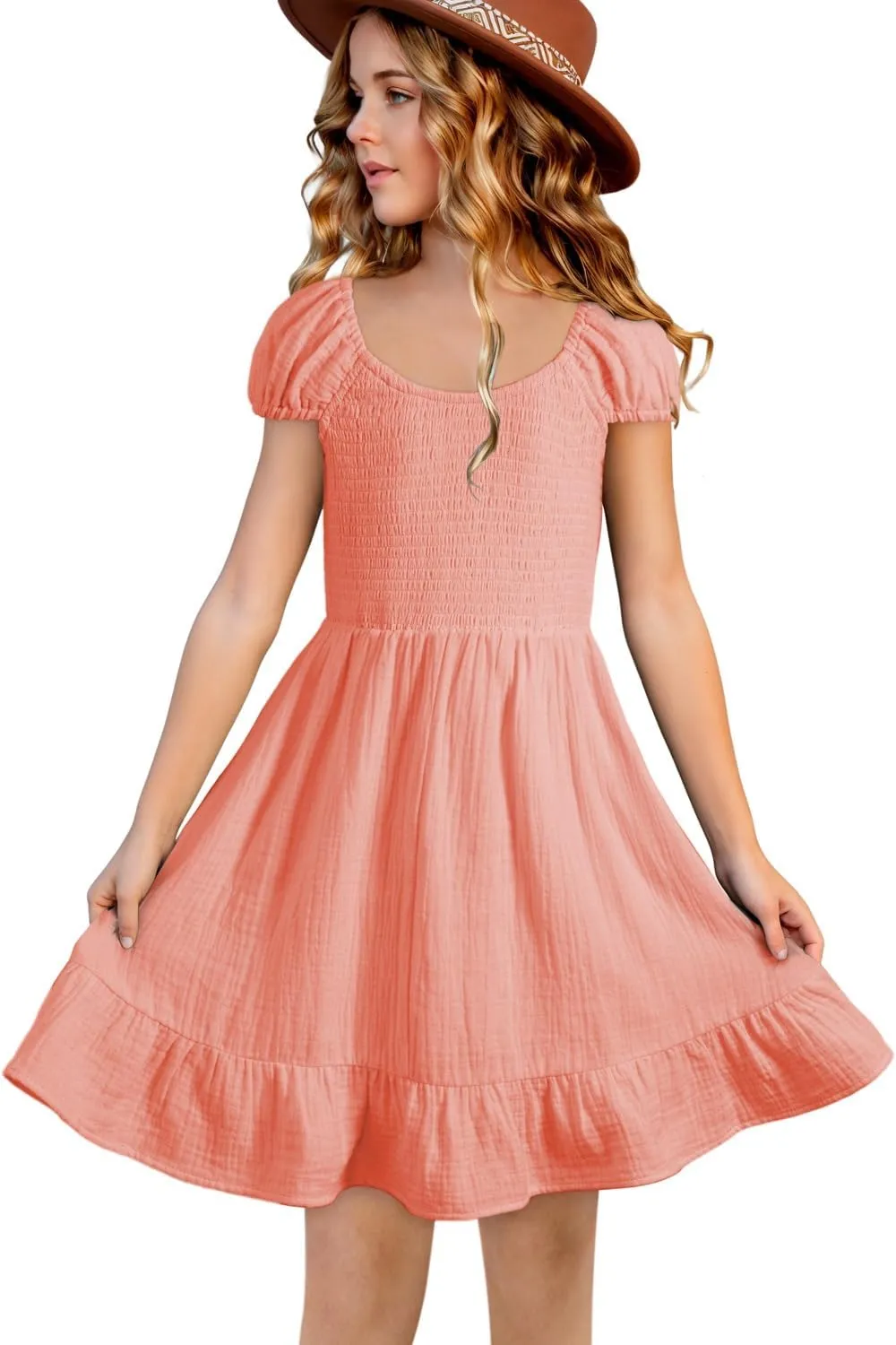 blibean Teen Girls Cotton Dress Smocked Sundress with Pocket 6-15 Years