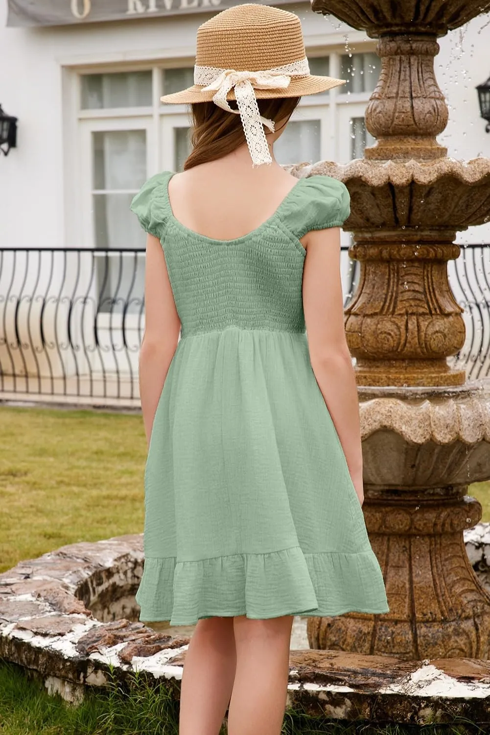 blibean Teen Girls Cotton Dress Smocked Sundress with Pocket 6-15 Years