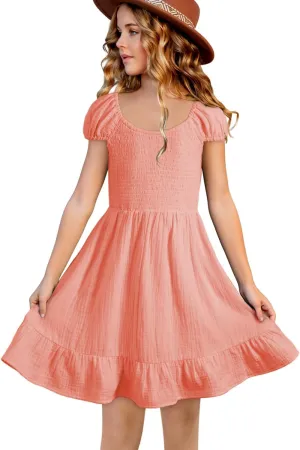 blibean Teen Girls Cotton Dress Smocked Sundress with Pocket 6-15 Years