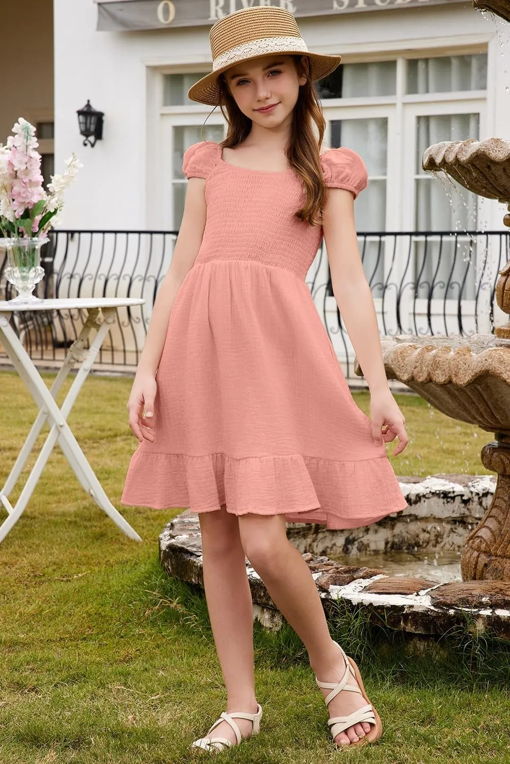blibean Teen Girls Cotton Dress Smocked Sundress with Pocket 6-15 Years