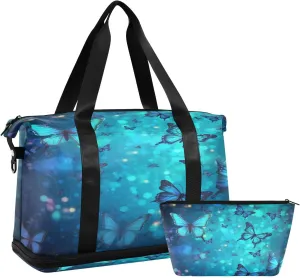 Blue Butterflies Gym Bag for Men Women with Shoes Compartment & Wet Pocket Sport Travel Duffel Bag Waterproof Weekender Overnight Bag