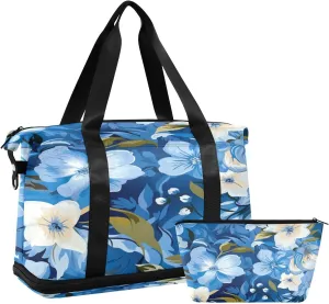 Blue Flowers Gym Bag for Men Women with Shoes Compartment & Wet Pocket Sport Travel Duffel Bag Waterproof Weekender Overnight Bag