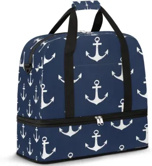 Blue Nautical Anchor Foldable Travel Duffel Bag Overnight Weekender Bags with Shoes Compartment Sports Gym Bags for Men Women