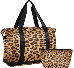 Brown Leopard Gym Bag for Men Women with Shoes Compartment & Wet Pocket Sport Travel Duffel Bag Waterproof Weekender Overnight Bag