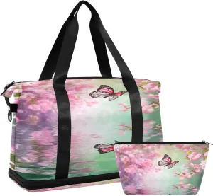 Butterflies Blossom Sports Gym Bag,Travel Duffel bag with Wet Pocket & Shoes Compartment Lightweight Waterproof Overnight Bag for Men Women