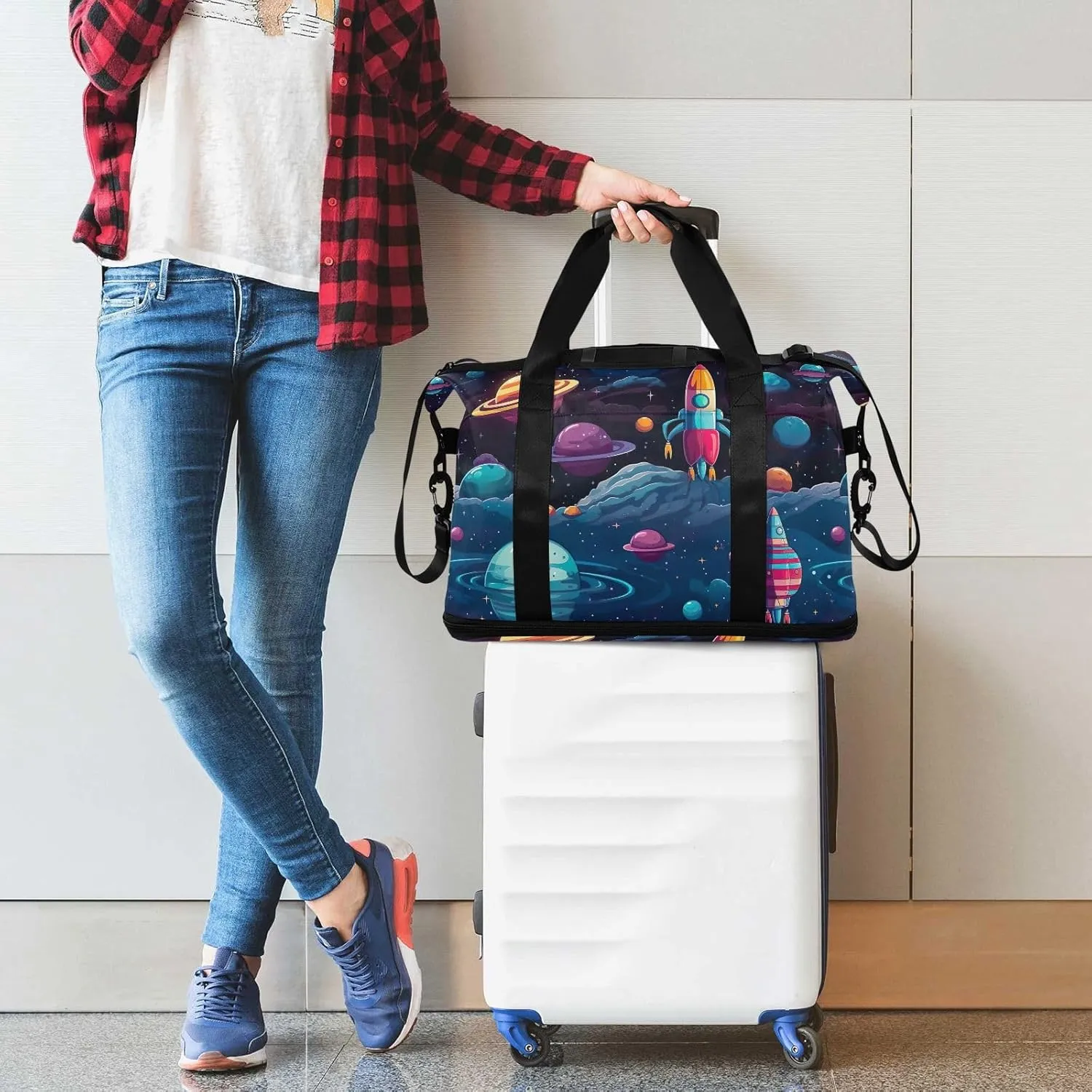 Cartoon Galaxy Spaceship Traveling Bags Luggage Expandable Mens Gym Bag, Small Carry on Bag with Wet Pocket and Shoes Compartment