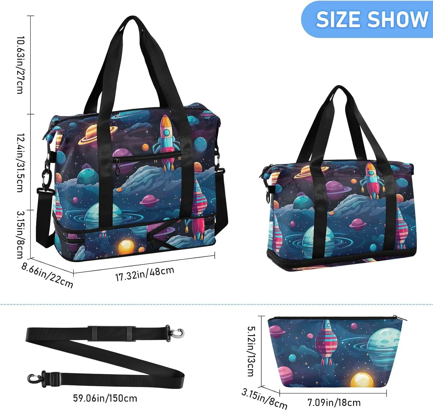 Cartoon Galaxy Spaceship Traveling Bags Luggage Expandable Mens Gym Bag, Small Carry on Bag with Wet Pocket and Shoes Compartment