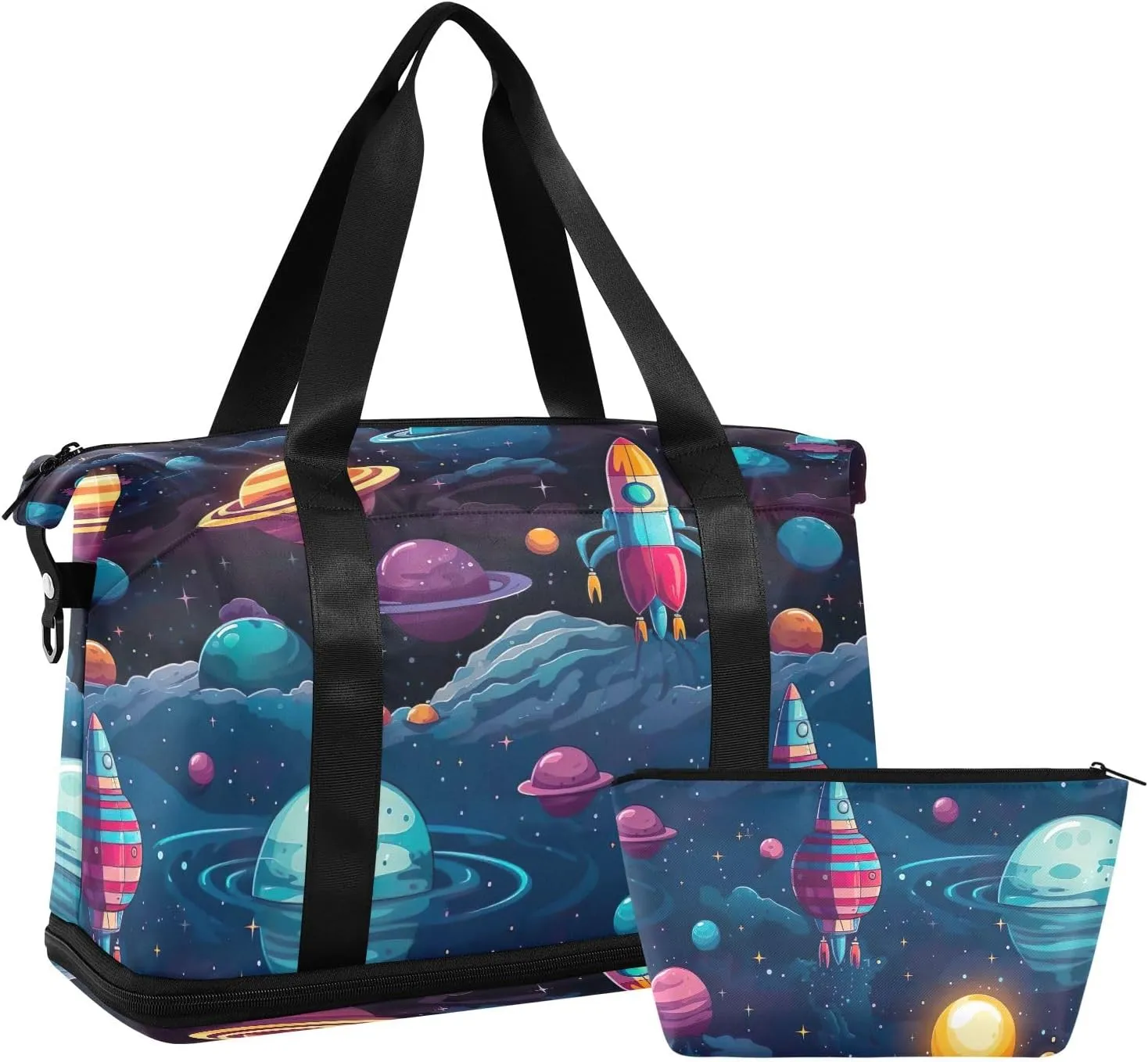 Cartoon Galaxy Spaceship Traveling Bags Luggage Expandable Mens Gym Bag, Small Carry on Bag with Wet Pocket and Shoes Compartment
