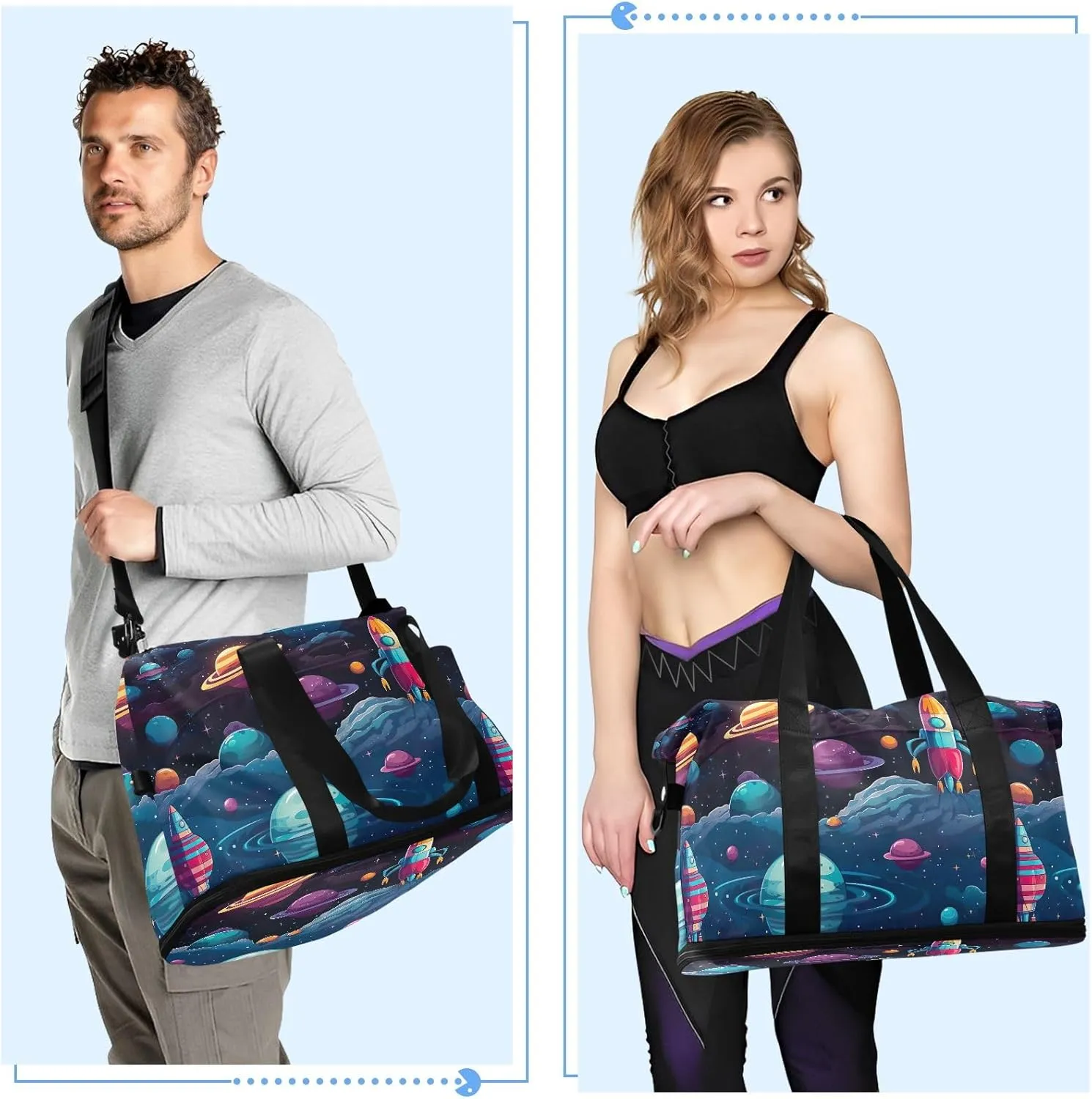Cartoon Galaxy Spaceship Traveling Bags Luggage Expandable Mens Gym Bag, Small Carry on Bag with Wet Pocket and Shoes Compartment