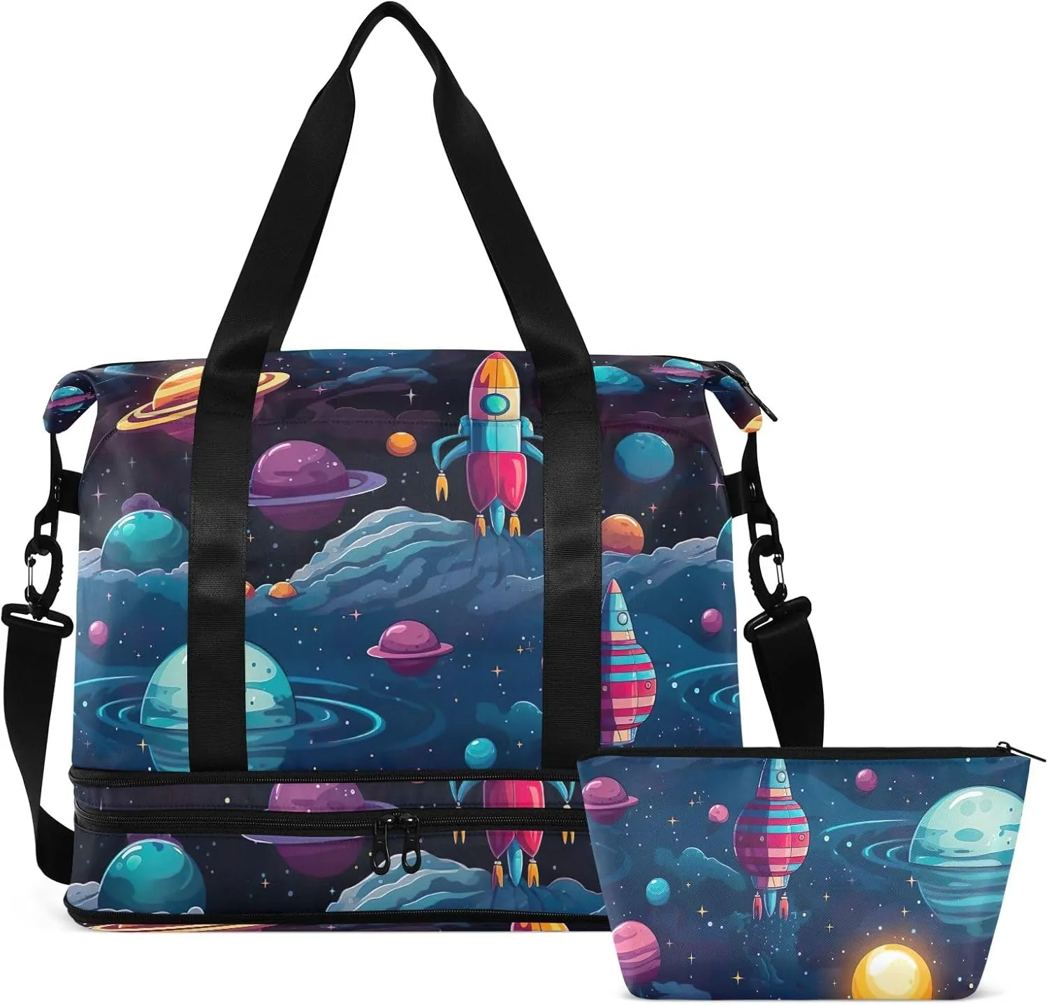 Cartoon Galaxy Spaceship Traveling Bags Luggage Expandable Mens Gym Bag, Small Carry on Bag with Wet Pocket and Shoes Compartment