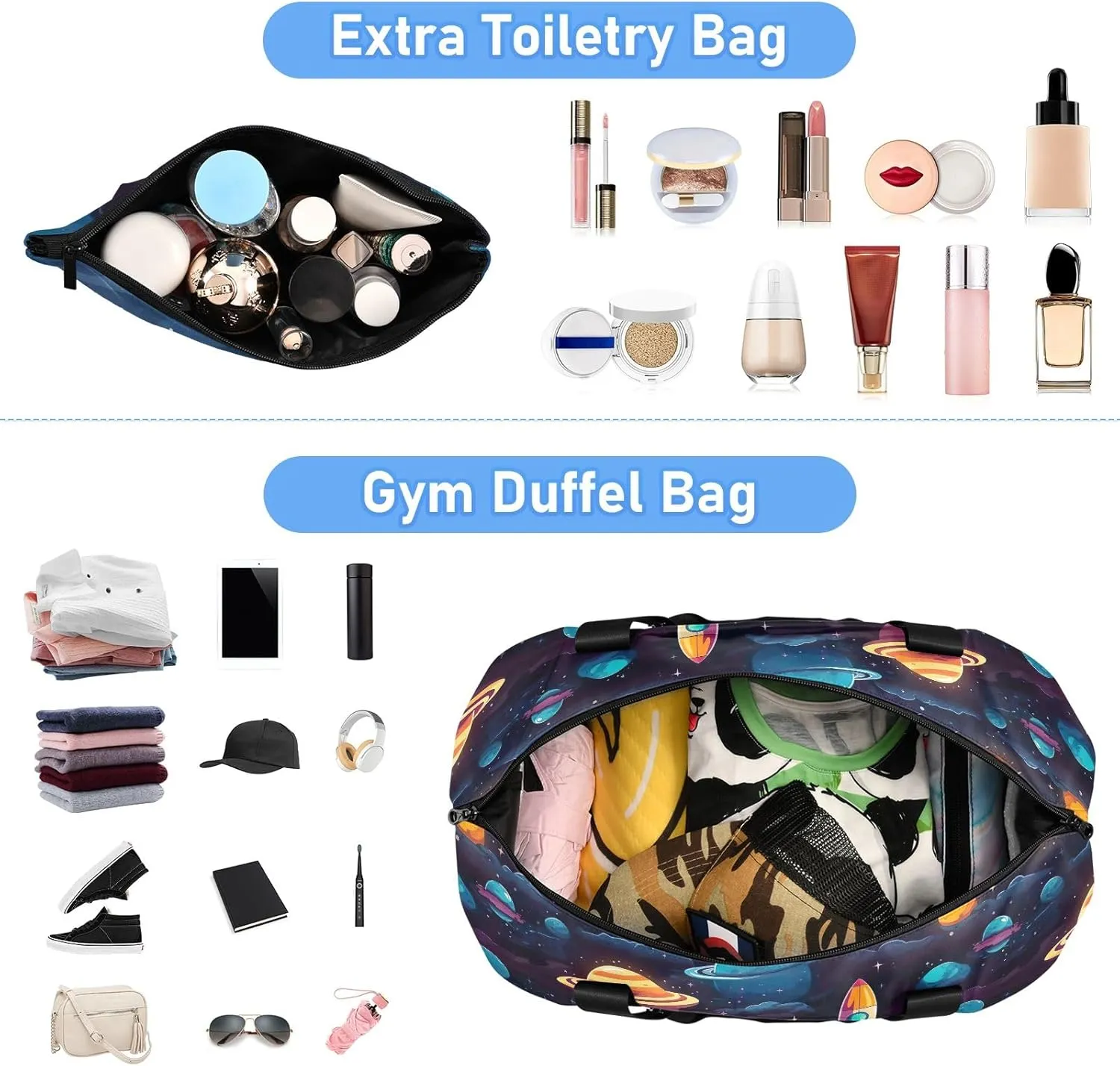 Cartoon Galaxy Spaceship Traveling Bags Luggage Expandable Mens Gym Bag, Small Carry on Bag with Wet Pocket and Shoes Compartment