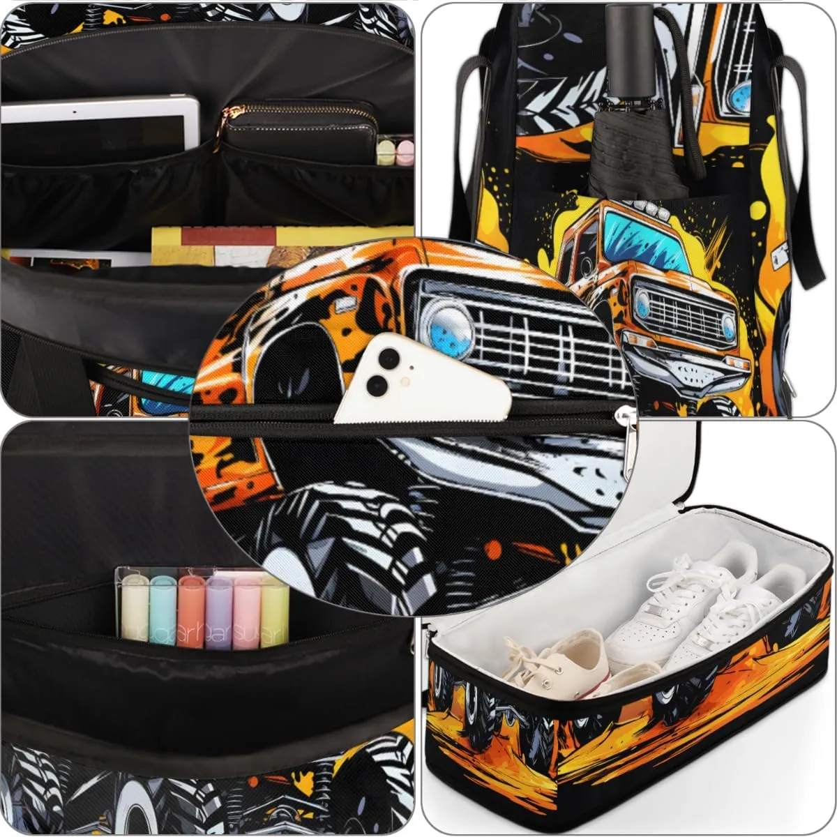 Cartoon Monster Cars Foldable Travel Duffel Bag Overnight Weekender Bag with Shoes Compartment Sports Gym Bag for Men Women
