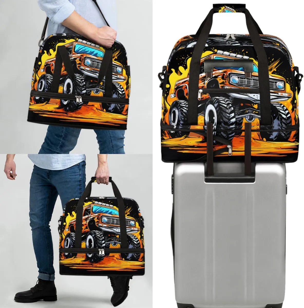 Cartoon Monster Cars Foldable Travel Duffel Bag Overnight Weekender Bag with Shoes Compartment Sports Gym Bag for Men Women