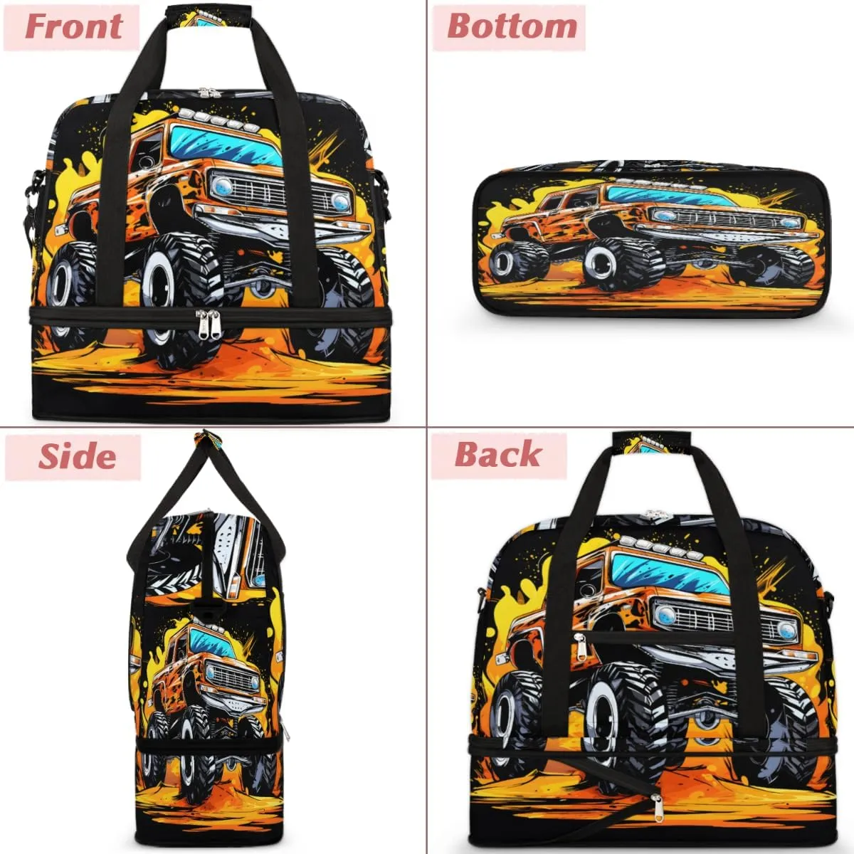 Cartoon Monster Cars Foldable Travel Duffel Bag Overnight Weekender Bag with Shoes Compartment Sports Gym Bag for Men Women
