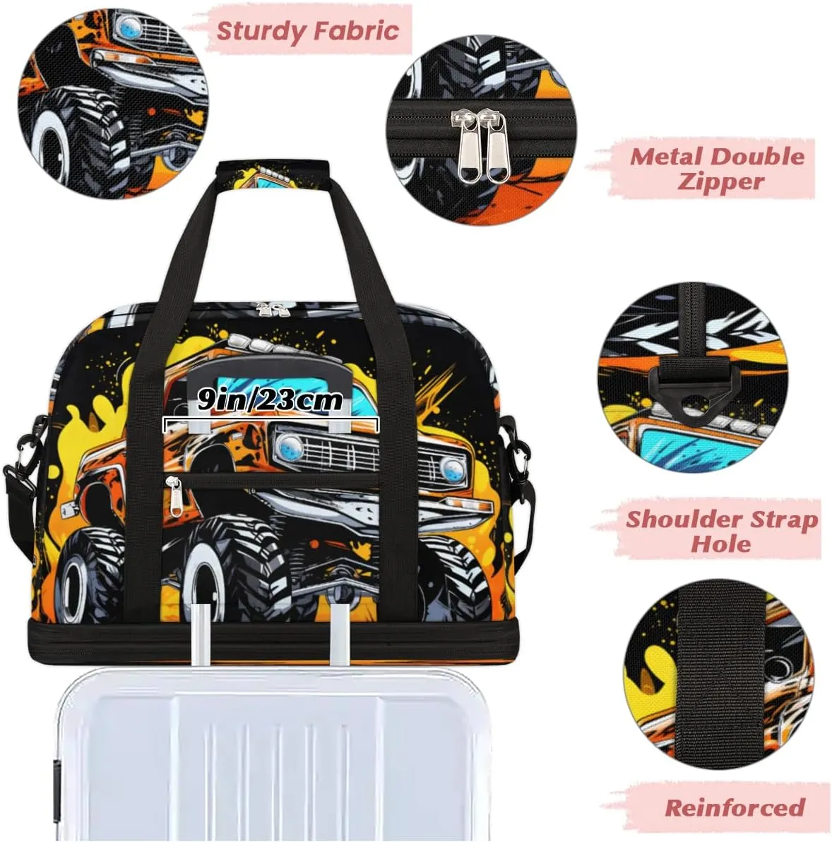 Cartoon Monster Cars Foldable Travel Duffel Bag Overnight Weekender Bag with Shoes Compartment Sports Gym Bag for Men Women