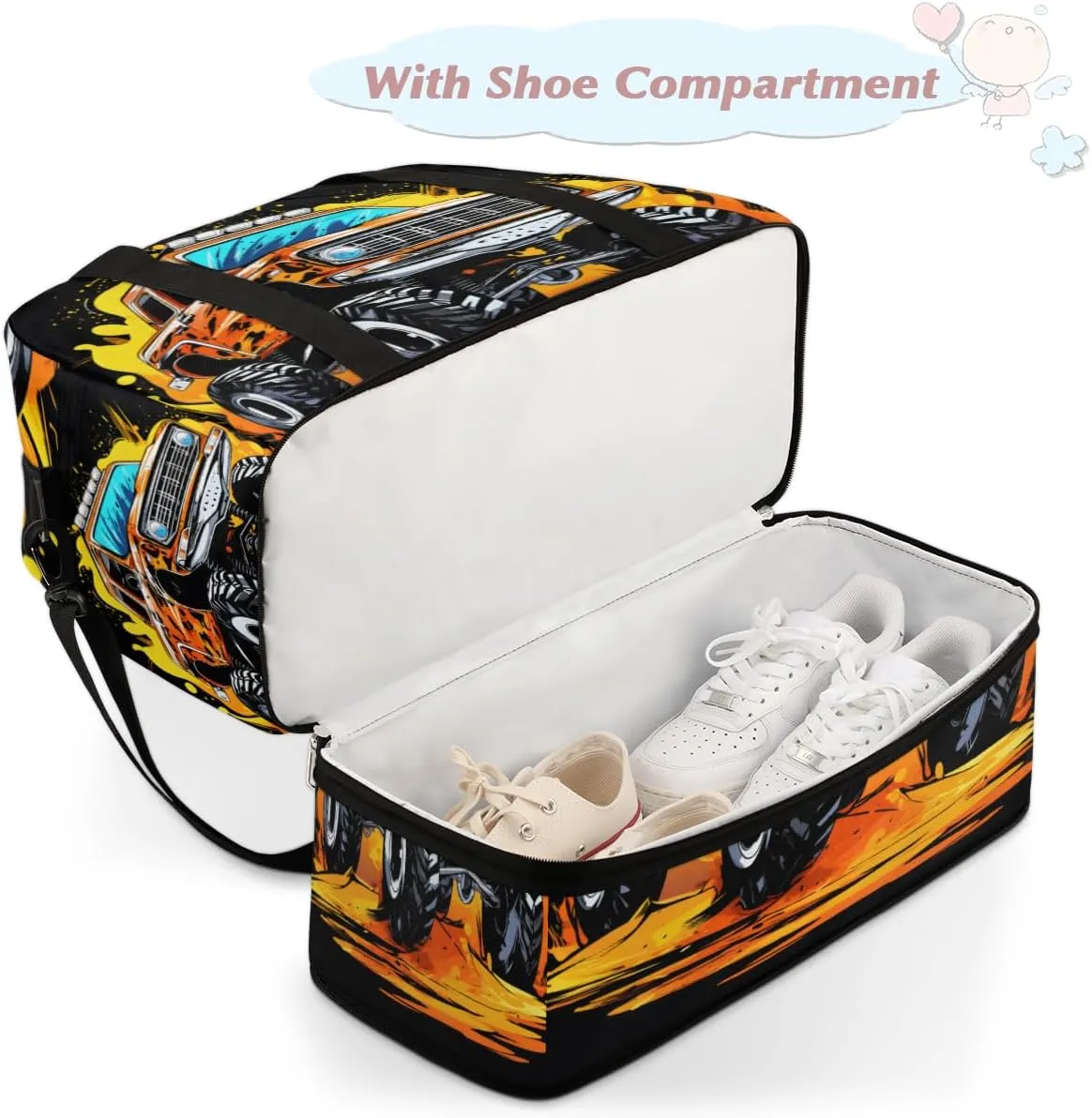 Cartoon Monster Cars Foldable Travel Duffel Bag Overnight Weekender Bag with Shoes Compartment Sports Gym Bag for Men Women