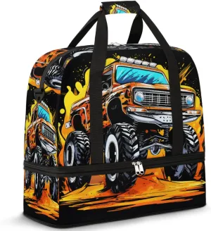 Cartoon Monster Cars Foldable Travel Duffel Bag Overnight Weekender Bag with Shoes Compartment Sports Gym Bag for Men Women