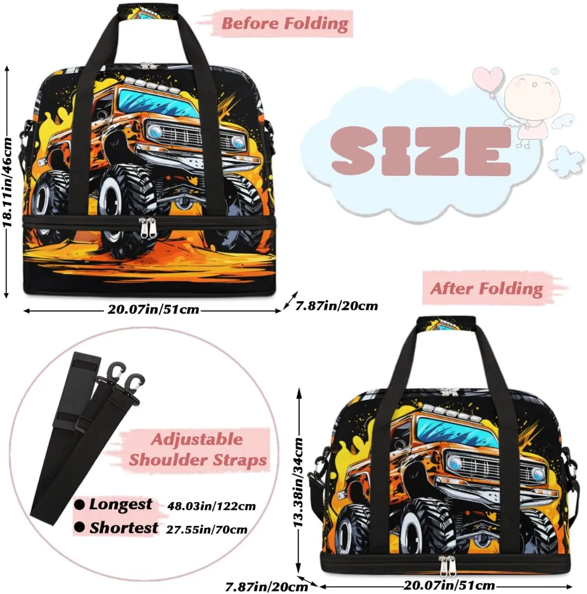 Cartoon Monster Cars Foldable Travel Duffel Bag Overnight Weekender Bag with Shoes Compartment Sports Gym Bag for Men Women