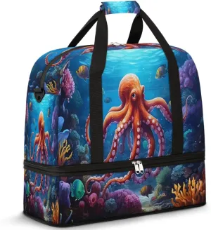Cartoon Octopus Foldable Travel Duffel Bag Overnight Weekender Bag with Shoes Compartment Sports Gym Bag for Men Women