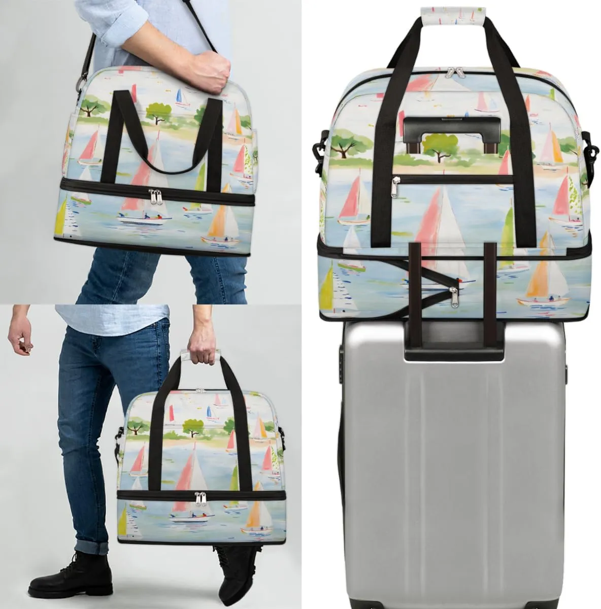 Cartoon Sailboat Ship Foldable Travel Duffel Bag Overnight Weekender Bag with Shoes Compartment Sports Gym Bag for Men Women
