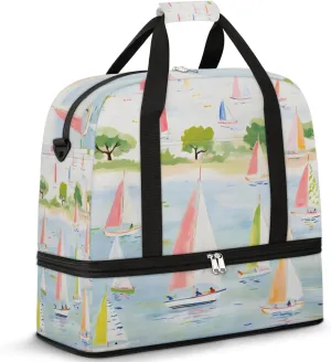 Cartoon Sailboat Ship Foldable Travel Duffel Bag Overnight Weekender Bag with Shoes Compartment Sports Gym Bag for Men Women