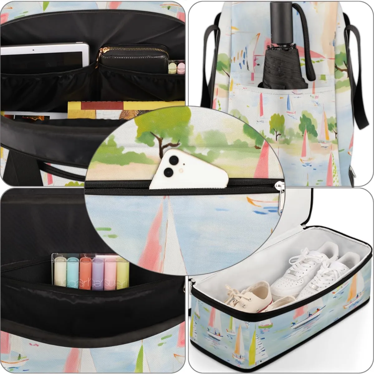 Cartoon Sailboat Ship Foldable Travel Duffel Bag Overnight Weekender Bag with Shoes Compartment Sports Gym Bag for Men Women