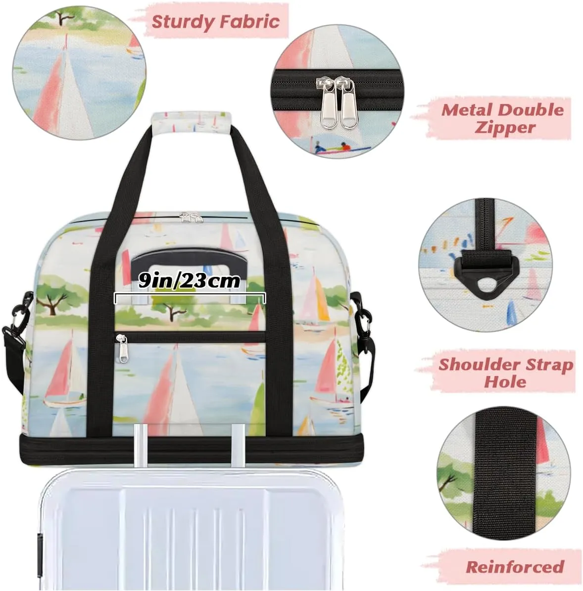Cartoon Sailboat Ship Foldable Travel Duffel Bag Overnight Weekender Bag with Shoes Compartment Sports Gym Bag for Men Women