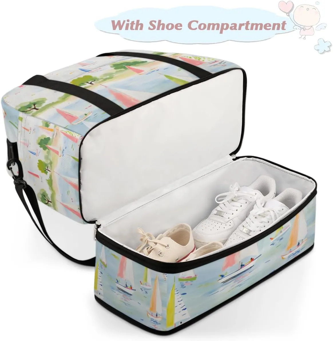 Cartoon Sailboat Ship Foldable Travel Duffel Bag Overnight Weekender Bag with Shoes Compartment Sports Gym Bag for Men Women