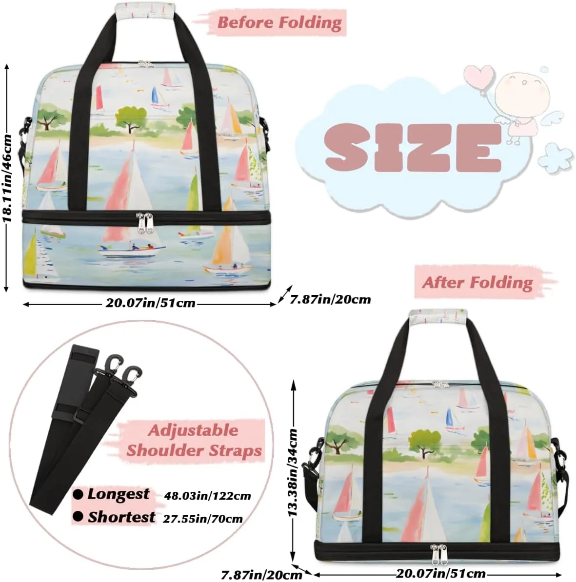Cartoon Sailboat Ship Foldable Travel Duffel Bag Overnight Weekender Bag with Shoes Compartment Sports Gym Bag for Men Women