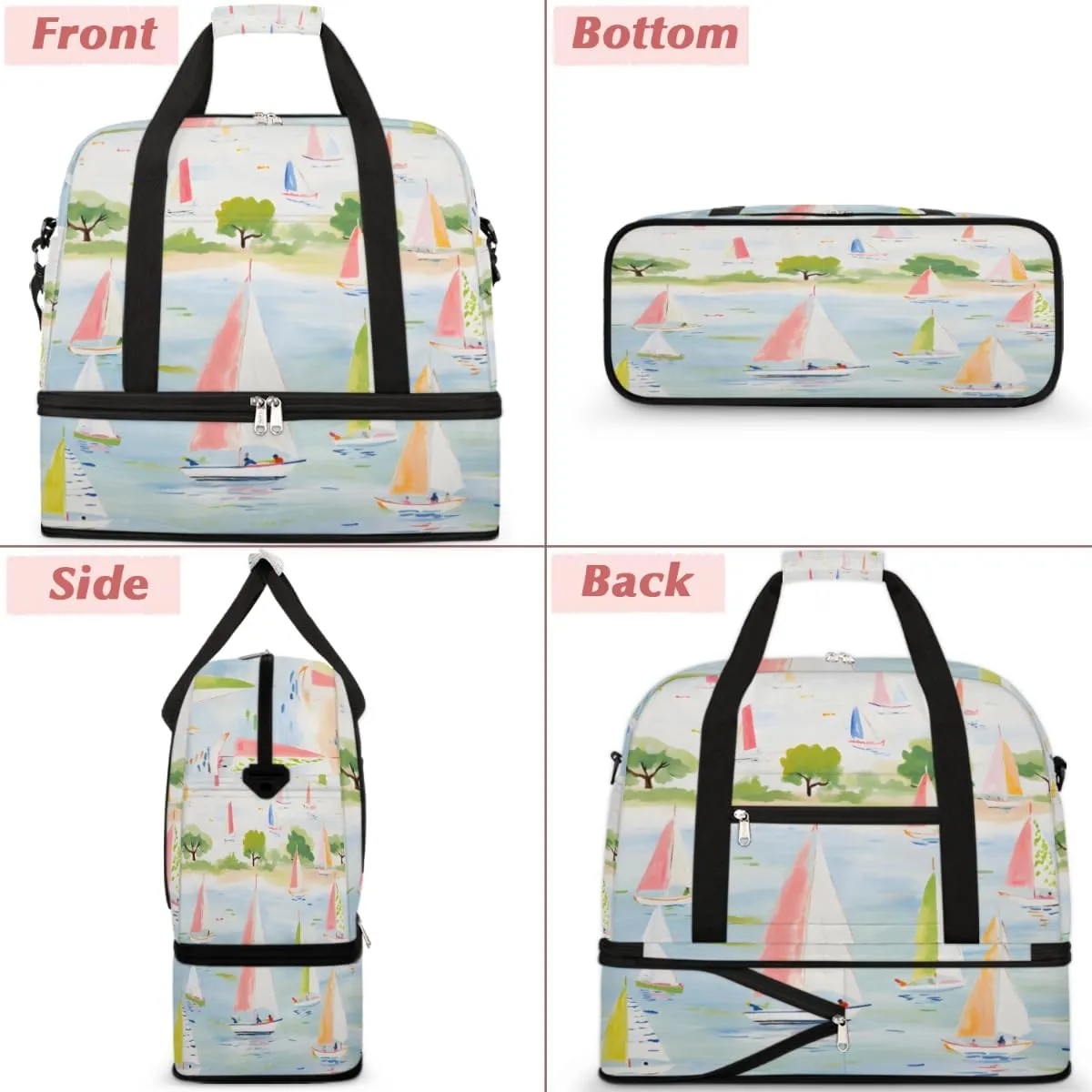 Cartoon Sailboat Ship Foldable Travel Duffel Bag Overnight Weekender Bag with Shoes Compartment Sports Gym Bag for Men Women