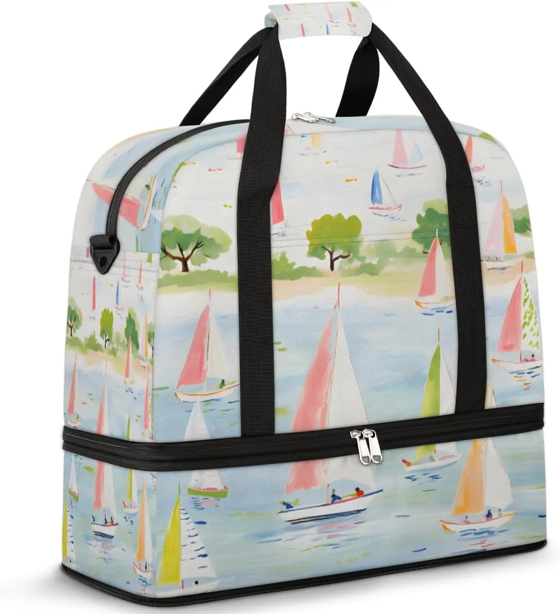 Cartoon Sailboat Ship Foldable Travel Duffel Bag Overnight Weekender Bag with Shoes Compartment Sports Gym Bag for Men Women