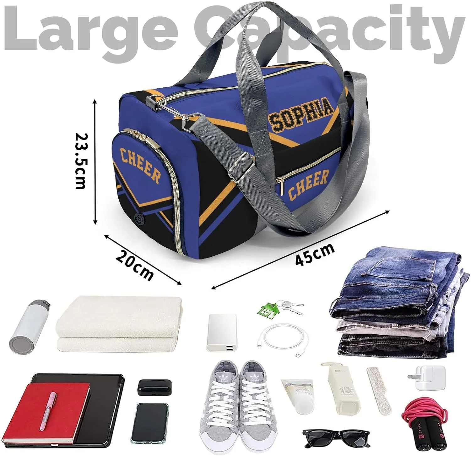Cheer Blue Black Cheerleader Duffel Bag Travel Bag with Shoes Compartment Gym Yoga Sport Men Women Waterproof with Name