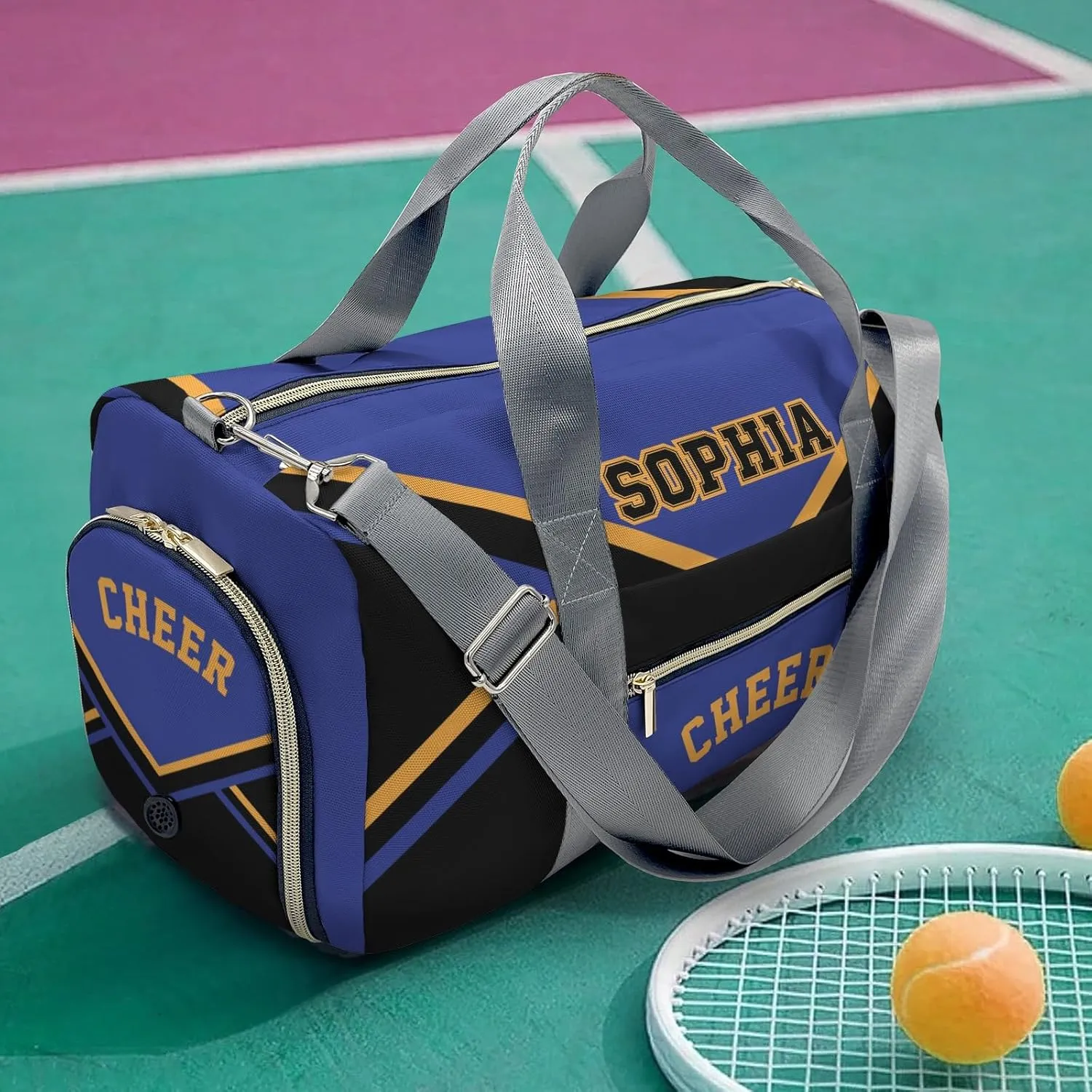 Cheer Blue Black Cheerleader Duffel Bag Travel Bag with Shoes Compartment Gym Yoga Sport Men Women Waterproof with Name