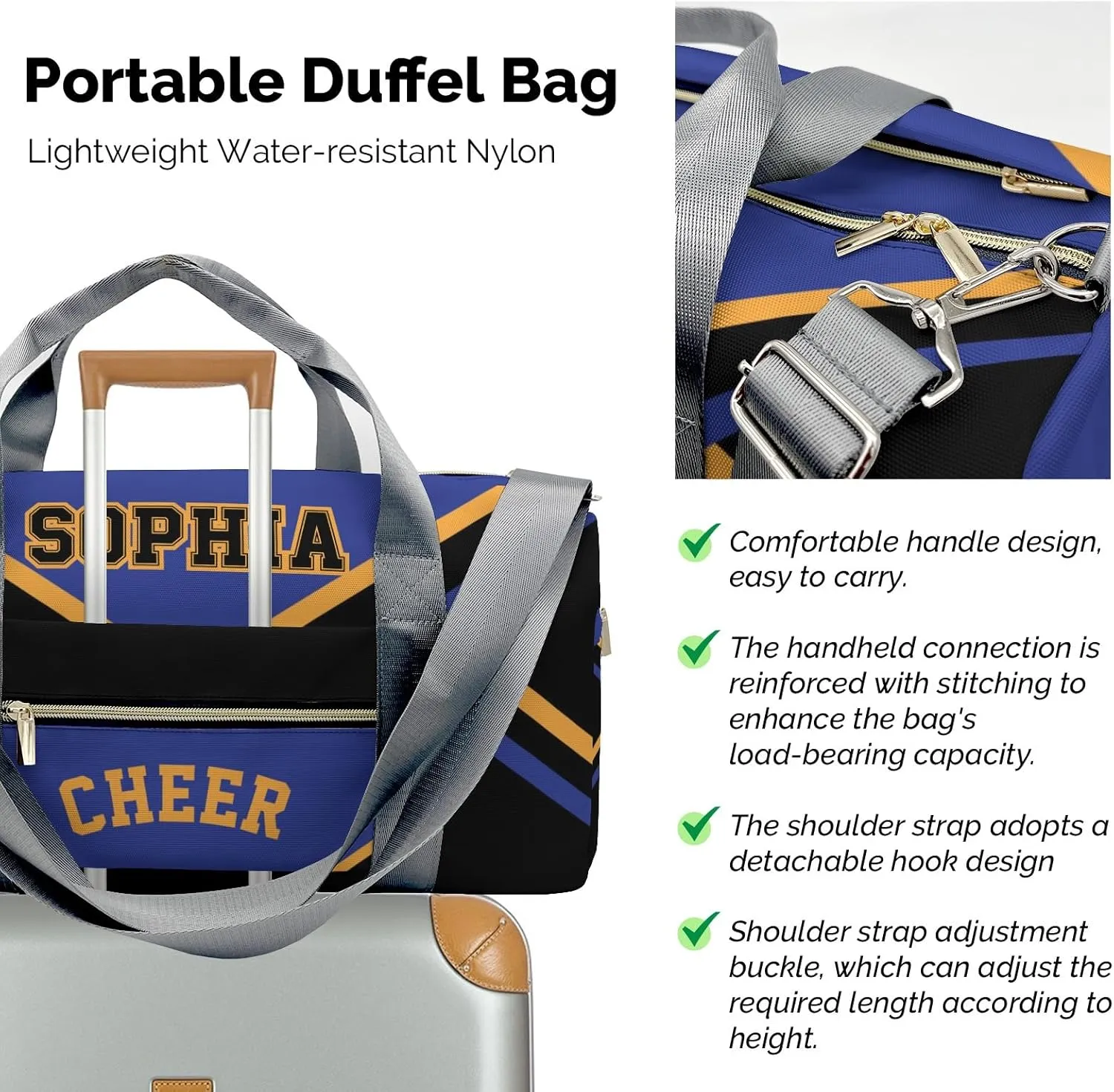 Cheer Blue Black Cheerleader Duffel Bag Travel Bag with Shoes Compartment Gym Yoga Sport Men Women Waterproof with Name