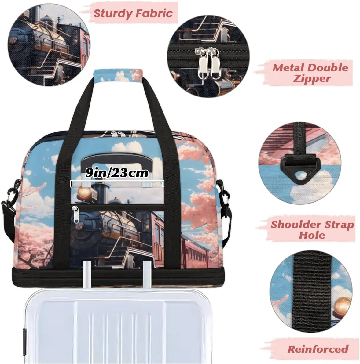 Classic Steam Train Foldable Travel Duffel Bag Overnight Weekender Bag with Shoes Compartment Sports Gym Bag for Men Women