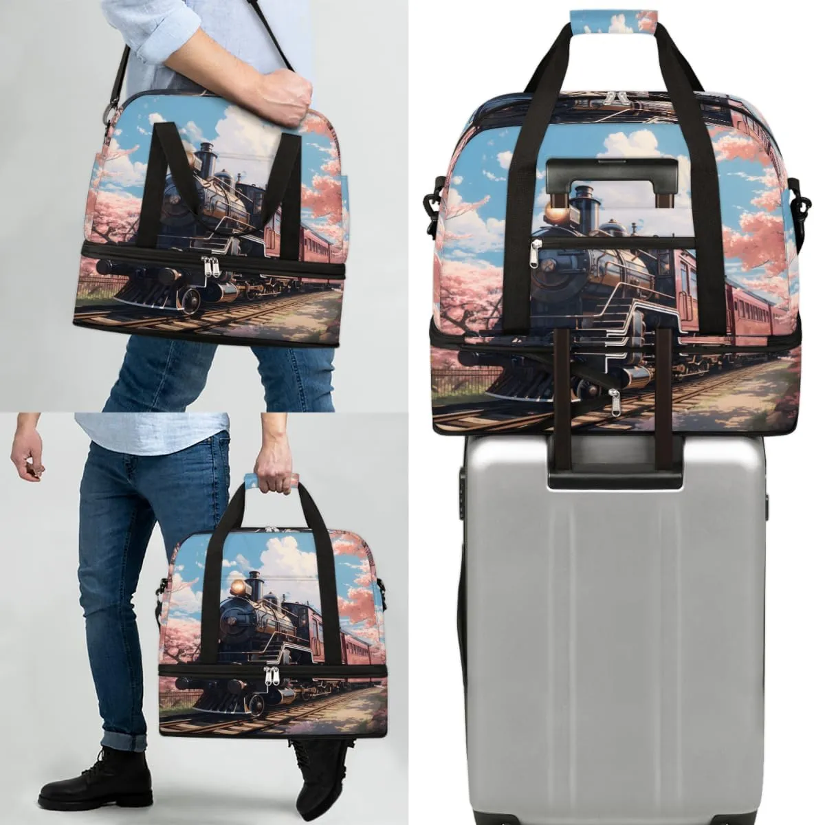 Classic Steam Train Foldable Travel Duffel Bag Overnight Weekender Bag with Shoes Compartment Sports Gym Bag for Men Women