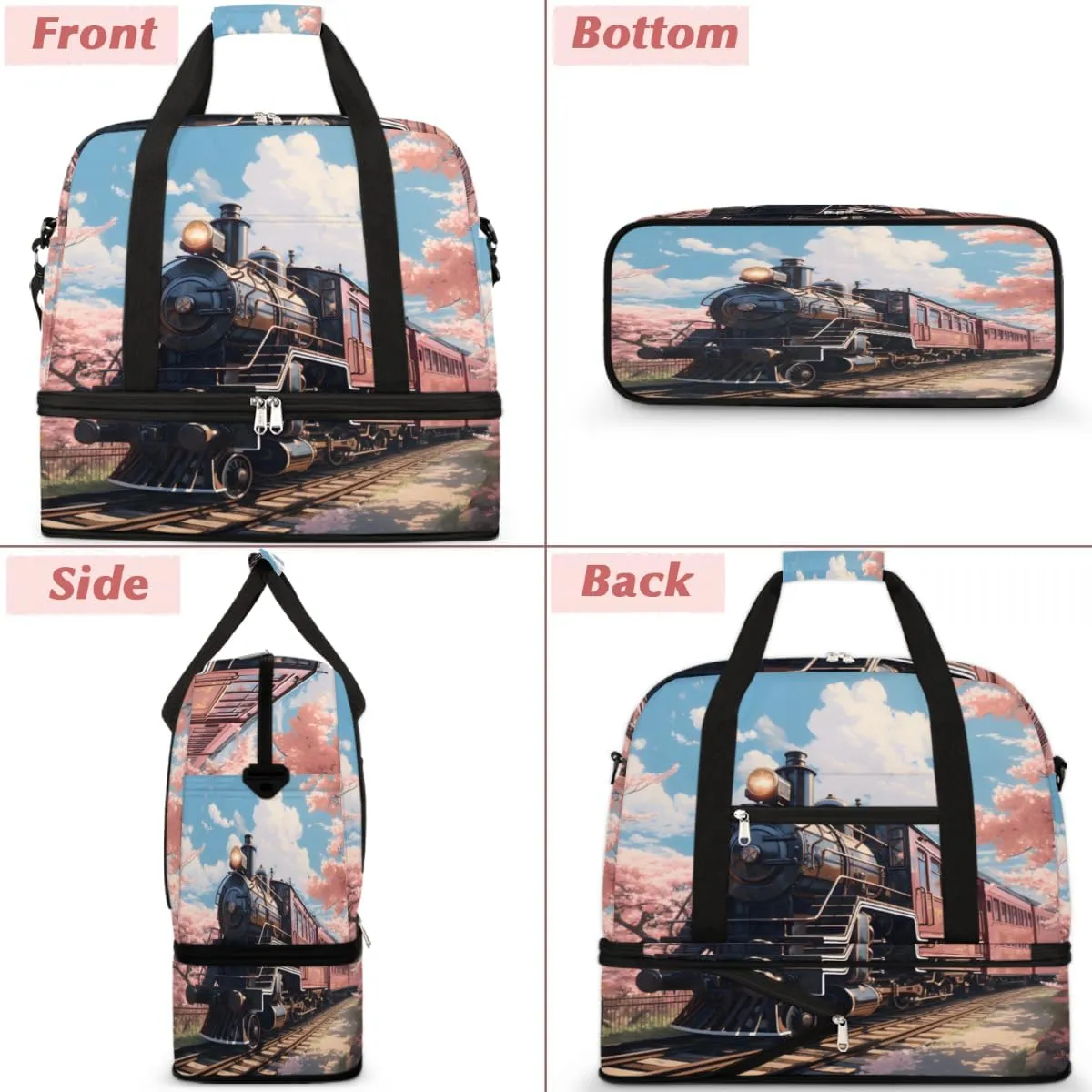 Classic Steam Train Foldable Travel Duffel Bag Overnight Weekender Bag with Shoes Compartment Sports Gym Bag for Men Women