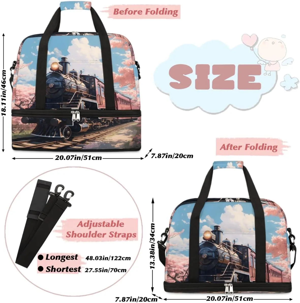 Classic Steam Train Foldable Travel Duffel Bag Overnight Weekender Bag with Shoes Compartment Sports Gym Bag for Men Women