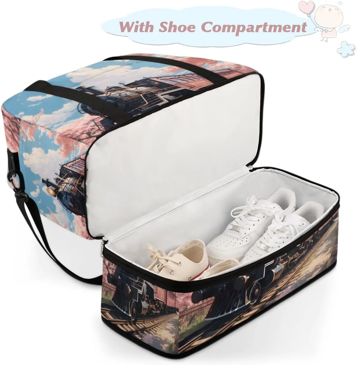 Classic Steam Train Foldable Travel Duffel Bag Overnight Weekender Bag with Shoes Compartment Sports Gym Bag for Men Women
