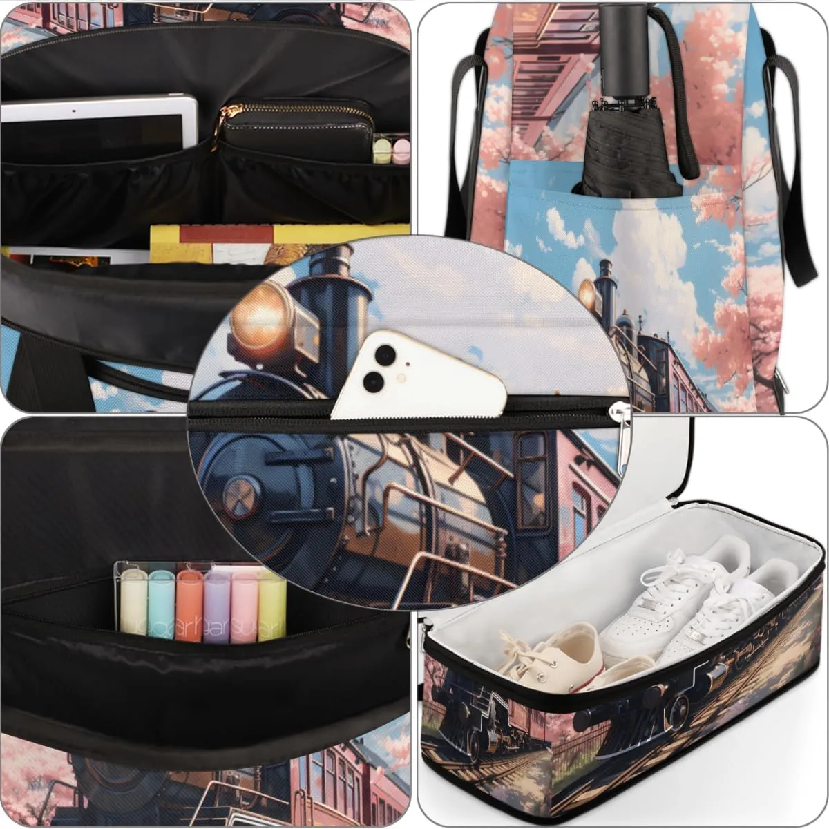 Classic Steam Train Foldable Travel Duffel Bag Overnight Weekender Bag with Shoes Compartment Sports Gym Bag for Men Women