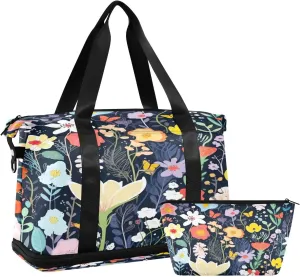 Colorful Flowers Sports Gym Bag,Travel Duffel bag with Wet Pocket & Shoes Compartment Lightweight Waterproof Overnight Bag for Men Women