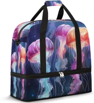 Colorful Jellyfish Foldable Travel Duffel Bag Overnight Weekender Bag with Shoes Compartment Sports Gym Bag for Men Women