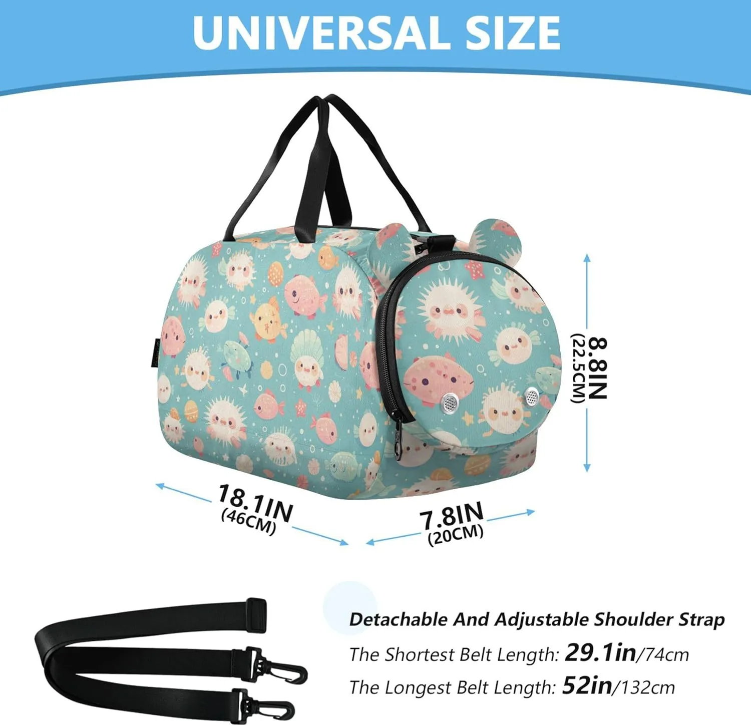 Colorful Pufferfish Duffel Gym Bags with Shoes Compartment Large Capacity Sports Duffel Bag for Travel, Swimming, Dance, Ballet