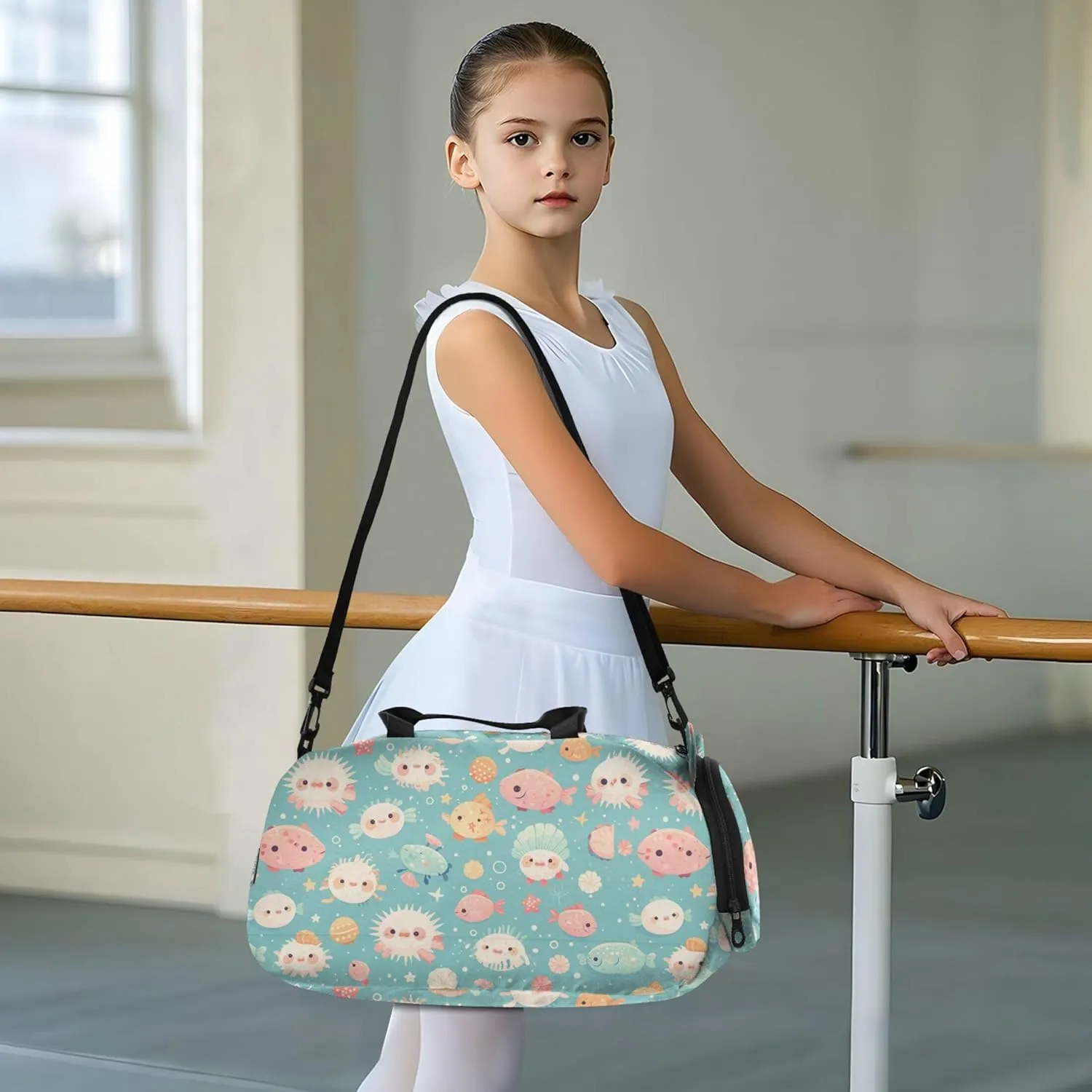 Colorful Pufferfish Duffel Gym Bags with Shoes Compartment Large Capacity Sports Duffel Bag for Travel, Swimming, Dance, Ballet