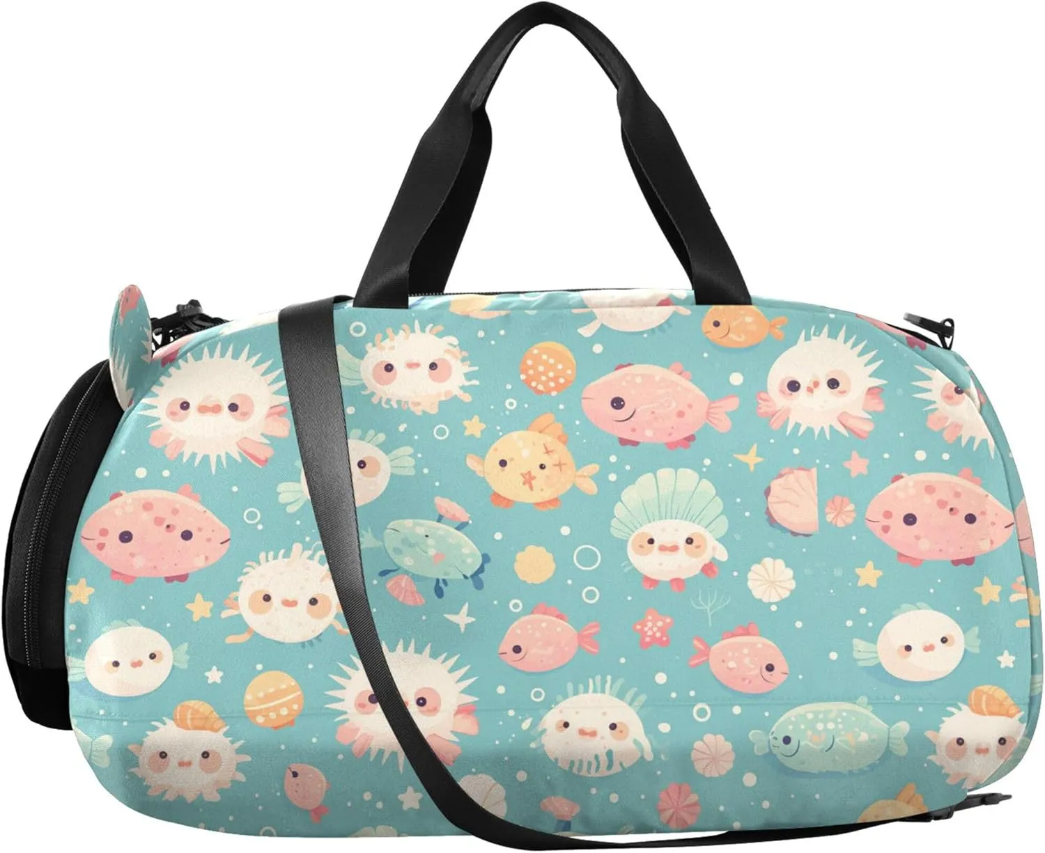 Colorful Pufferfish Duffel Gym Bags with Shoes Compartment Large Capacity Sports Duffel Bag for Travel, Swimming, Dance, Ballet