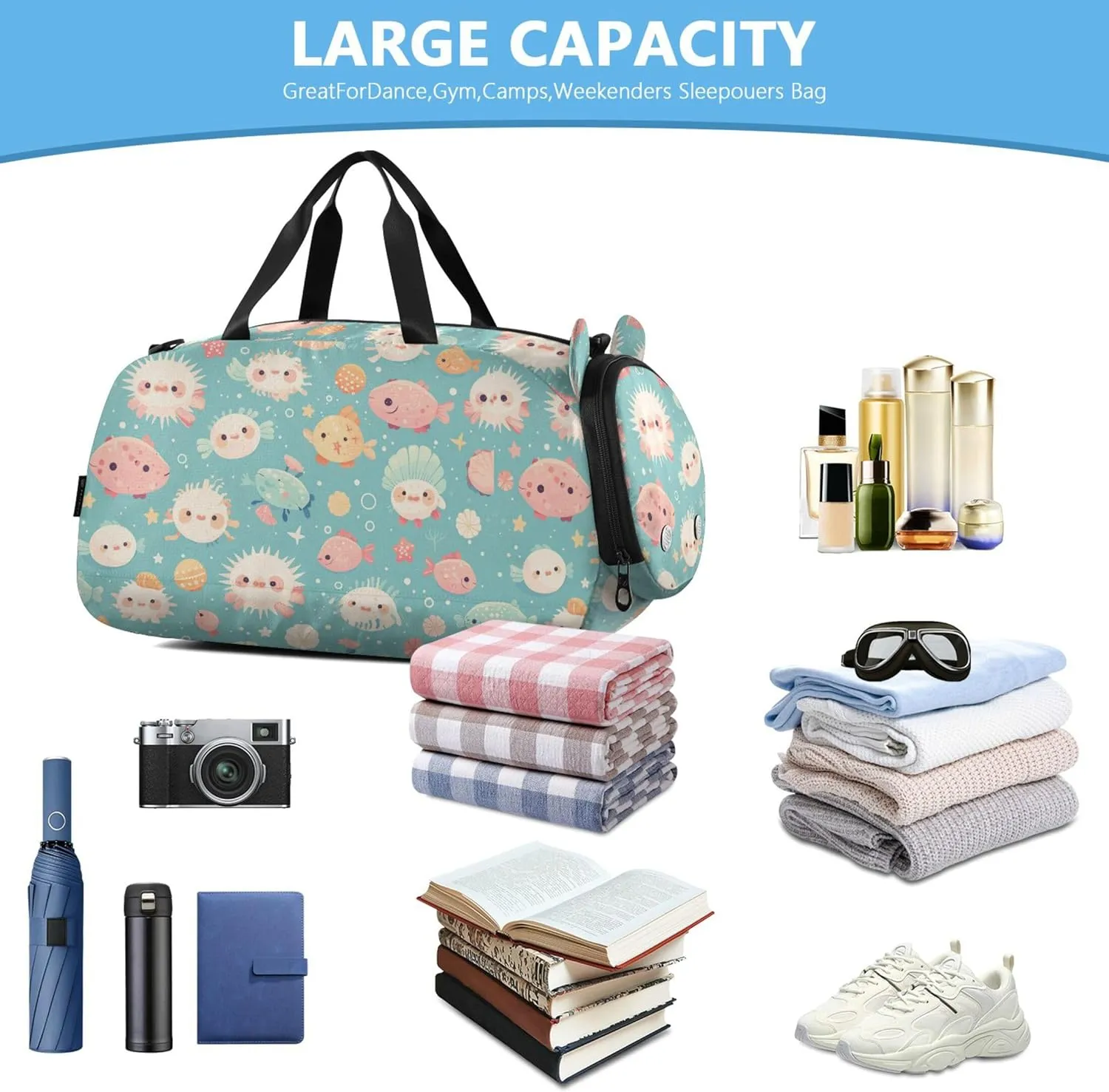 Colorful Pufferfish Duffel Gym Bags with Shoes Compartment Large Capacity Sports Duffel Bag for Travel, Swimming, Dance, Ballet