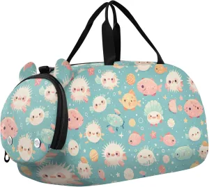 Colorful Pufferfish Duffel Gym Bags with Shoes Compartment Large Capacity Sports Duffel Bag for Travel, Swimming, Dance, Ballet