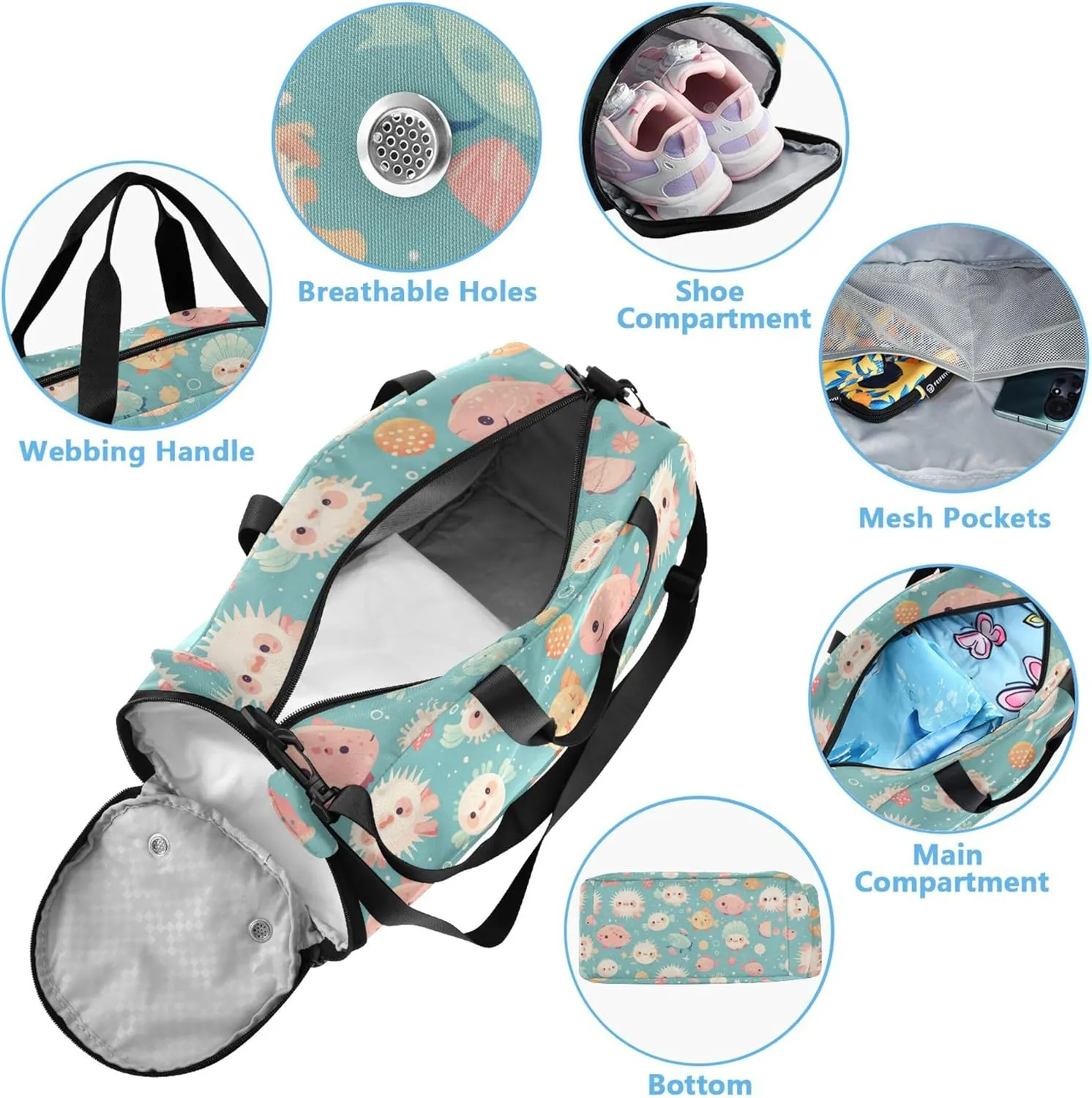 Colorful Pufferfish Duffel Gym Bags with Shoes Compartment Large Capacity Sports Duffel Bag for Travel, Swimming, Dance, Ballet