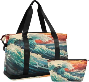 Colorful Waves Sports Gym Bag,Travel Duffel bag with Wet Pocket & Shoes Compartment Lightweight Waterproof Overnight Bag for Men Women